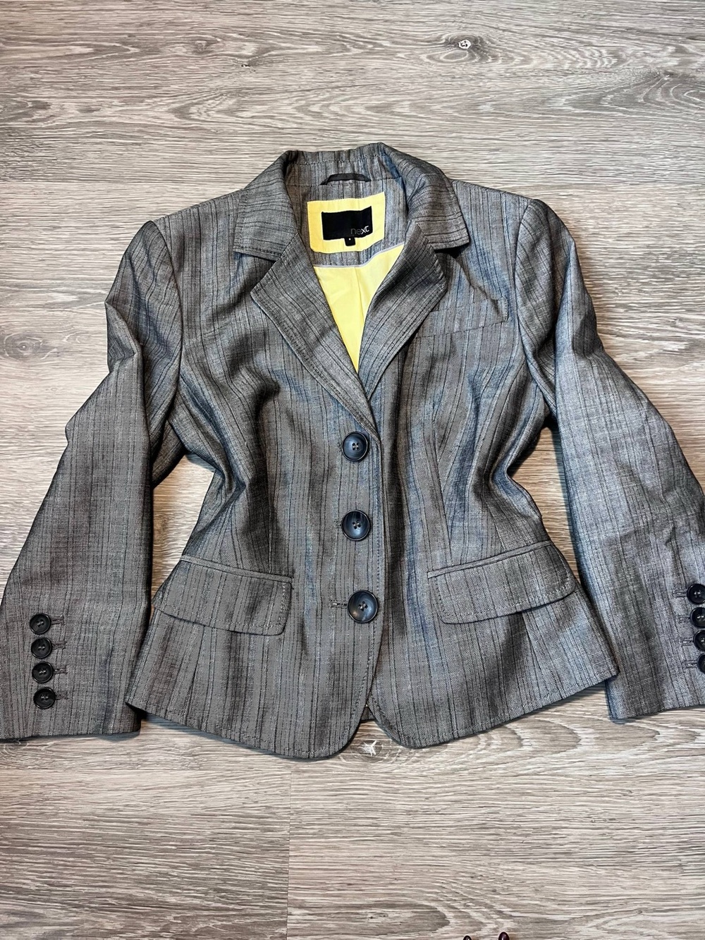 next Gray Pinstriped Women's Blazer with Yellow Lining
